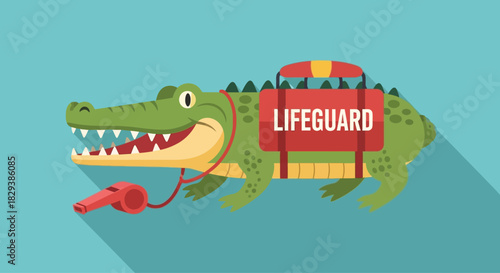 Funny cartoon alligator lifeguard character with safety equipment.