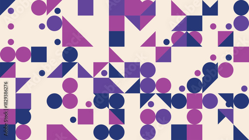 Geometric abstract pattern with circles and squares in shades of purple and blue.