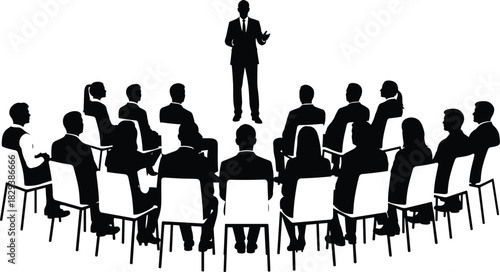 Business Presentation and Training Vector Silhouette: Speaker Addressing Audience in a Corporate Conference, Workshop, or Seminar Setting.