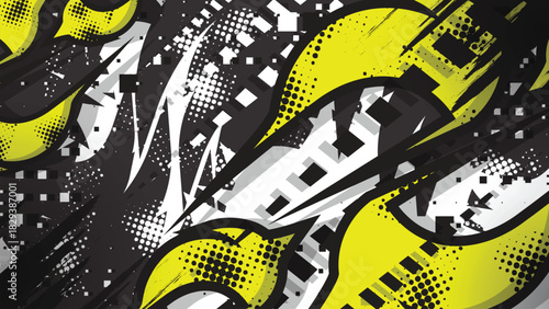 Abstract Yellow and Black Racing Background with Grunge Flame and Halftone Pattern