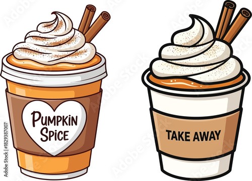 Set of two cartoon pumpkin spice latte coffee cups with whipped cream and cinnamon sticks.