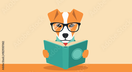 Smart Jack Russell Terrier dog wearing glasses reading a book.