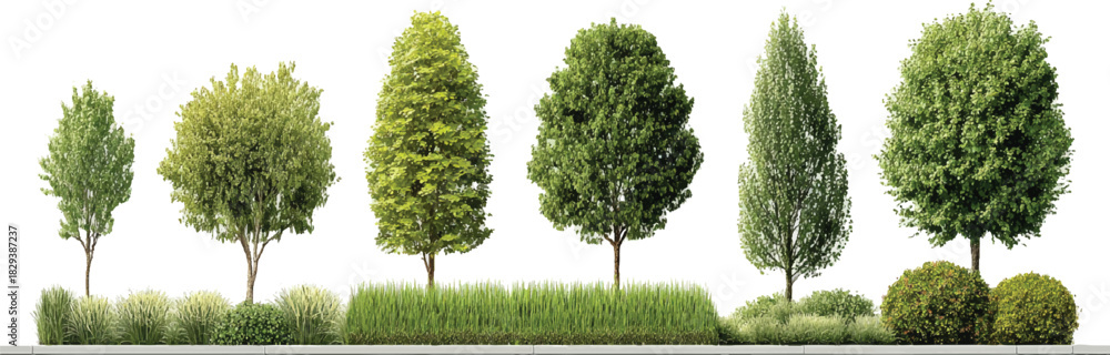 Fototapeta premium Collection of diverse green trees and shrubs with grass and curb on white background nature plant