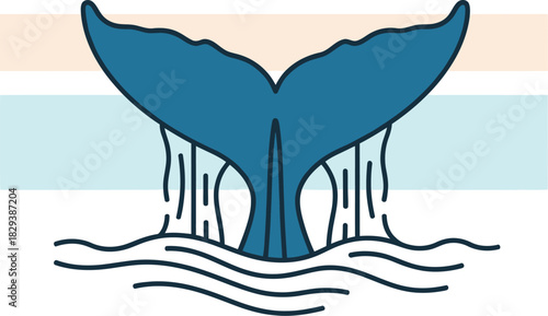 Stylized blue whale tail fin diving into the ocean waves.