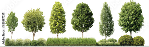Collection of diverse green trees and shrubs with grass and curb on white background nature plant