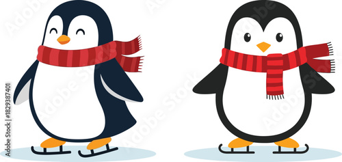 Two cute cartoon penguins wearing red scarves and ice skates.