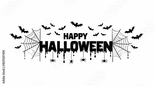 Happy halloween text with bats spiders and spiderwebs