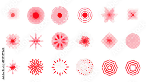 Collection of abstract circular and starburst shapes in shades of pink and red