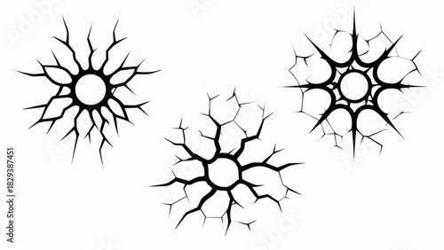 Three black cracked circles on white background