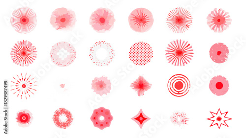 Collection of abstract circular and starburst shapes in various shades of pink and red