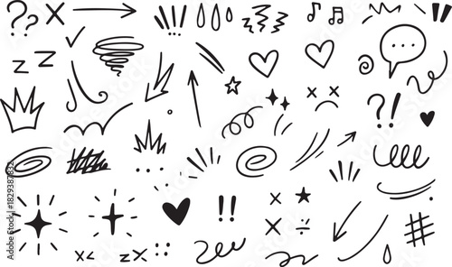 Cute line brush star, arrow, heart vector element icon set. Hand drawn sketch doodle cute star, heart, flower element. Line text decoration scribble decoration icon black and white vector 