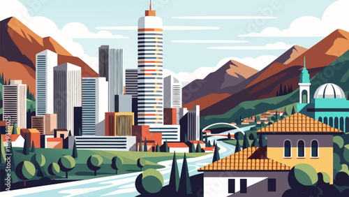 Vibrant city illustration with modern buildings, traditional architecture, a river, and mountains, showcasing an urban landscape blending with nature