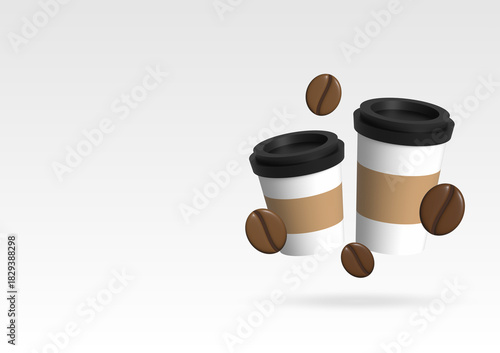 3D illustration hot coffee cup with coffee beans cafes latte mocha espresso cappuccino americano time break hot drunk morning drunk beverage caffeine concept