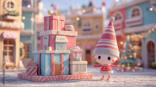 Fototapeta Naklejka Na Ścianę i Meble -  Cute character with gifts in a festive setting, showcasing holiday spirit and joyful celebration in a charming winter village
