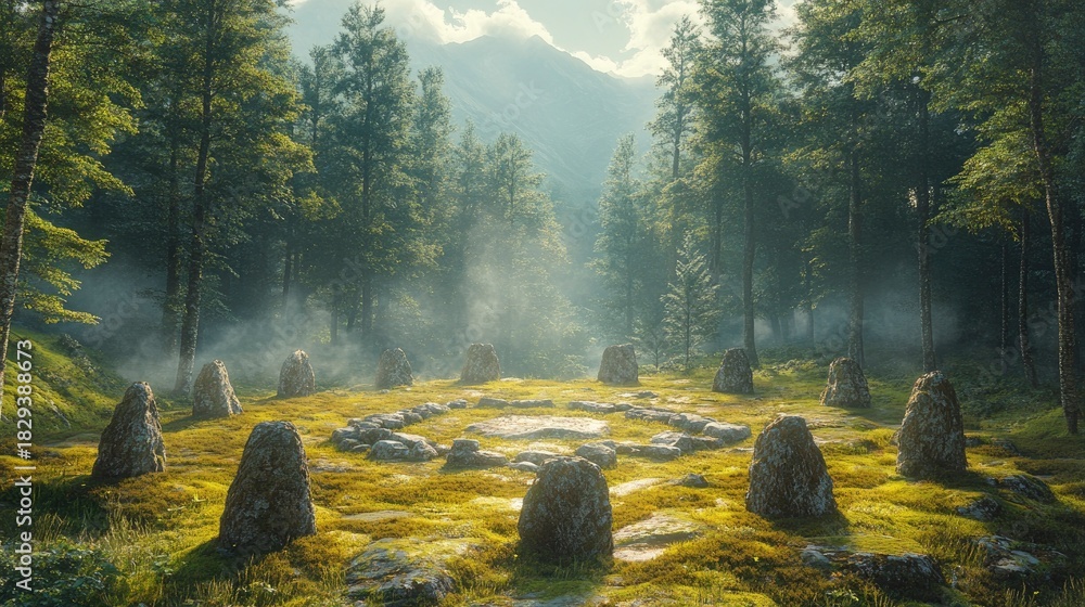 Fototapeta premium Ancient Megalithic Circle in Lush Forest Surrounded by Mist