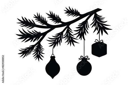 Silhouette Pine Branch with Ornaments on Green 