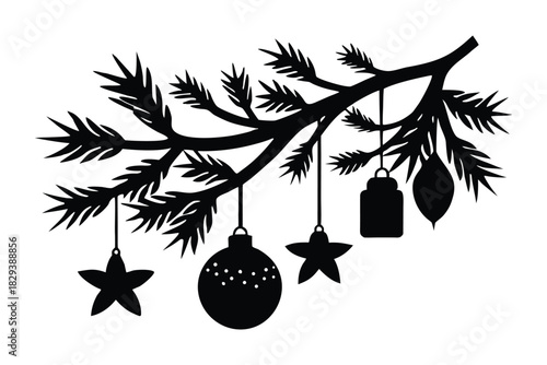 Silhouette Pine Branch with Ornaments on Green 