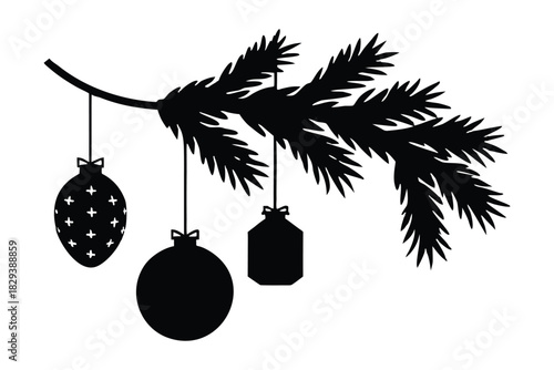Silhouette Pine Branch with Ornaments on Green 