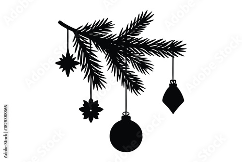 Silhouette Pine Branch with Ornaments on Green 