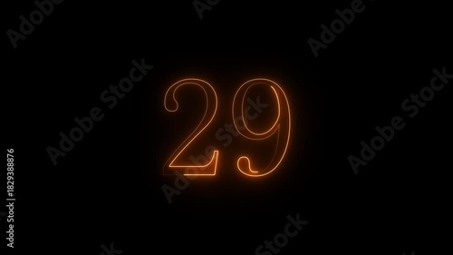 Glowing orange neon number twenty nine illuminated against a dark black background with a futuristic digital feel