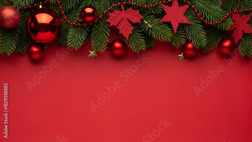 Classic Red Christmas Border with Pine Garland & Red Ornaments - Luxury Holiday Frame