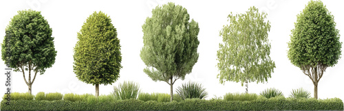 Five diverse green trees and bushes arranged in a row against a white background nature plant