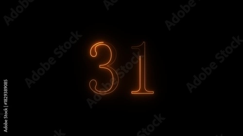 Glowing neon number thirty one illuminated with orange light on a dark black background