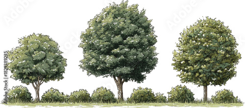 Three green trees with leafy canopies and bushes on grassy ground canopy