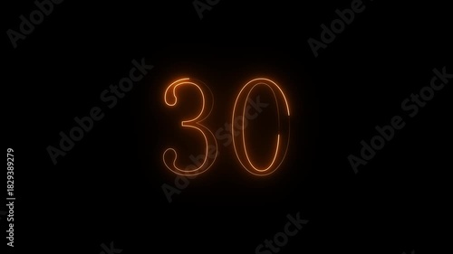 Glowing orange neon number thirty 30 illuminated against a dark black background with a subtle glow effect