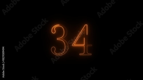 Glowing orange neon number thirty four illuminated against a dark black background with a subtle glow effect