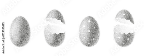 Eggs with black dotwork grain texture. Vector eggs with abstract stipple sand effect. Easter eggs with patter and gradient from dots isolated on white background.