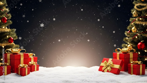 Luxury Red & Gold Christmas Gifts with Trees and Snow - Holiday Product Display Scene