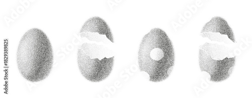 Holiday Eggs with abstract stipple sand effect. Set of vector Eggs with black dotwork grain texture. Decorative Easter eggs with gradient from dots isolated on white background.