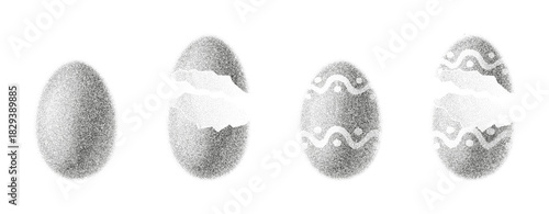 Decorative eggs with abstract stipple sand effect. Set vector of Eggs with black dotwork grain texture. Easter eggs with gradient from dots isolated on white background.