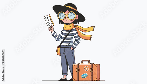 A cartoon woman traveler with a suitcase, wearing a hat and scarf, holding a boarding pass, ready for a trip.