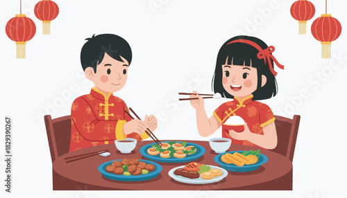 Two children, dressed in traditional attire, enjoy a festive meal together at a table.