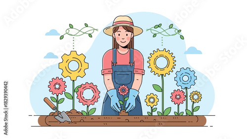 Female gardener in overall and hat plants gear flower in the garden bed. Concept for sustainable technology, mechanical engineering and creative innovation