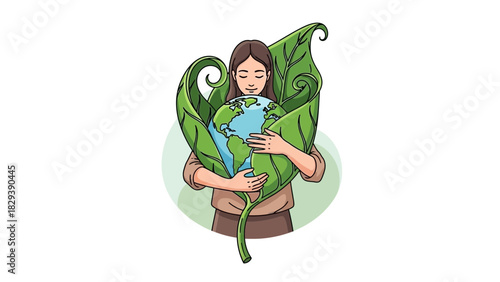 Illustration of a woman embracing the earth globe inside leaves on white backdrop. Concept for environmental awareness, ecological balance and sustainable lifestyle