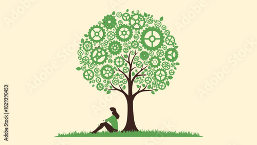 Silhouette of a woman sitting under a tree with gear-shaped leaves in a minimal design. Concept for environmental technology, engineering innovation and mechanical harmony