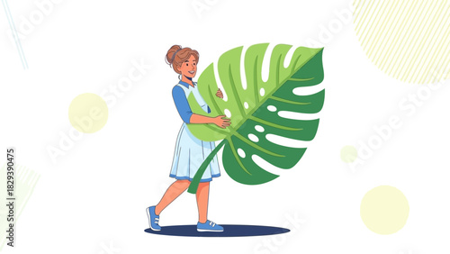 Young woman holding a big green monstera leaf with both hands in illustration. Concept for nature conservation, environmental awareness and botanical education