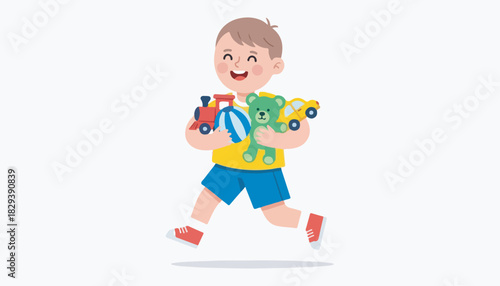 A happy young boy runs while holding a train, a ball, a teddy bear, and a toy car, all with a big smile on his face.