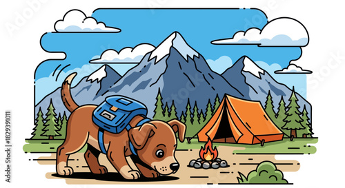 A cute cartoon puppy with a backpack camping in the mountains next to a tent and campfire.