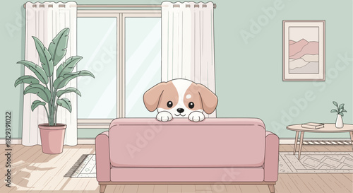 Cute cartoon puppy peeking over a pink sofa in a cozy, pastel-colored living room with a plant and window.