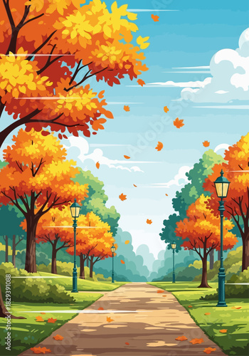 A picturesque park pathway lined with vibrant autumn trees, with leaves gently falling.