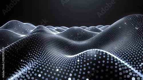 An abstract digital background features undulating waves of glowing particles and lines against a dark, minimalist backdrop, ideal for technology and data concepts.