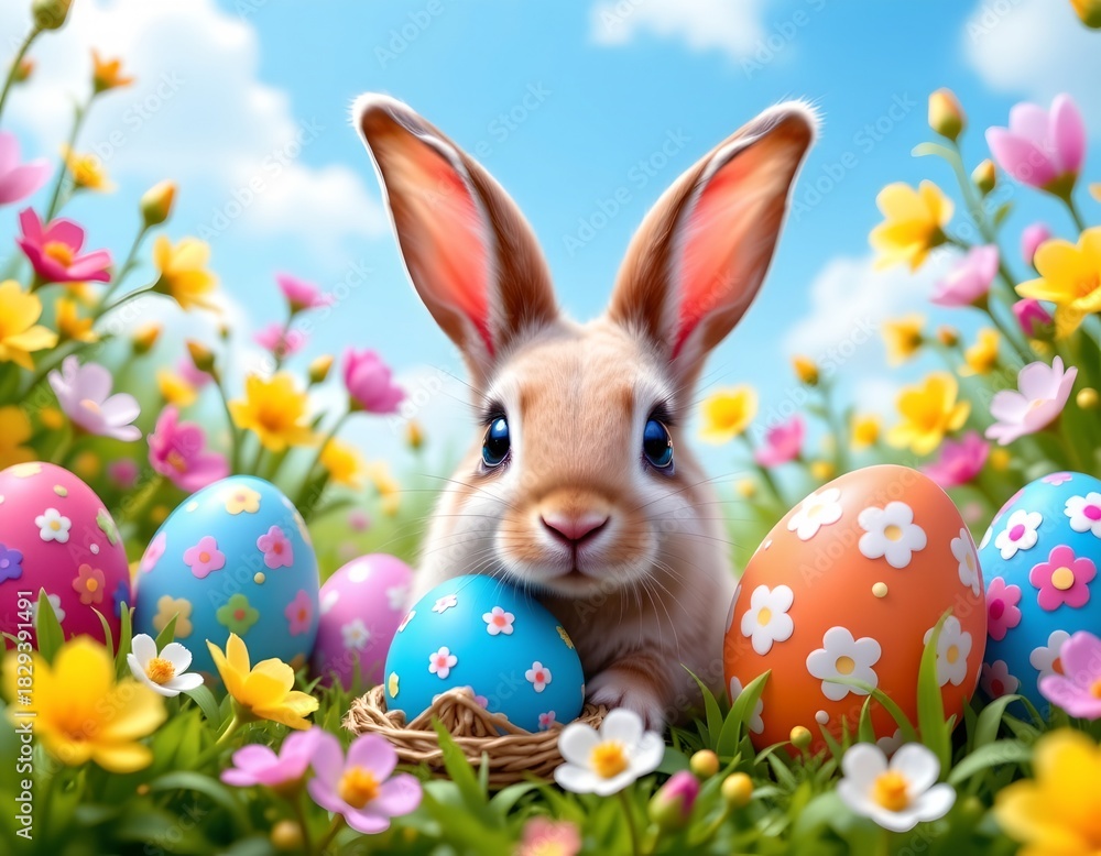 Obraz premium Springtime Bunny Among Colorful Easter Eggs