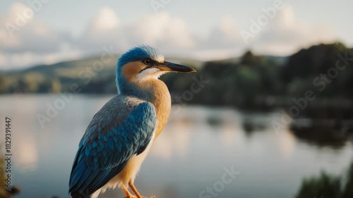 Colorful kingfisher bird perched on branch near water in nature