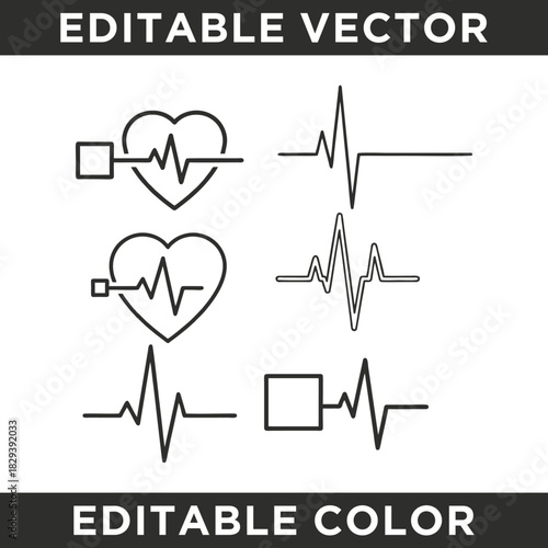 Set of various editable vector heartbeat and pulse line icons for medical and health designs on a white background.
