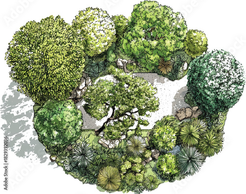 Overhead view of a lush green garden with varied trees and stone pathway down