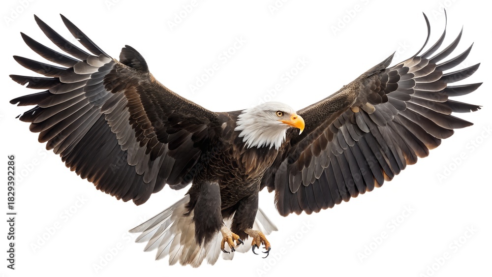Fototapeta premium Majestic Bald Eagle in Flight with Spread Wings and Extended Talons Isolated on White Background 